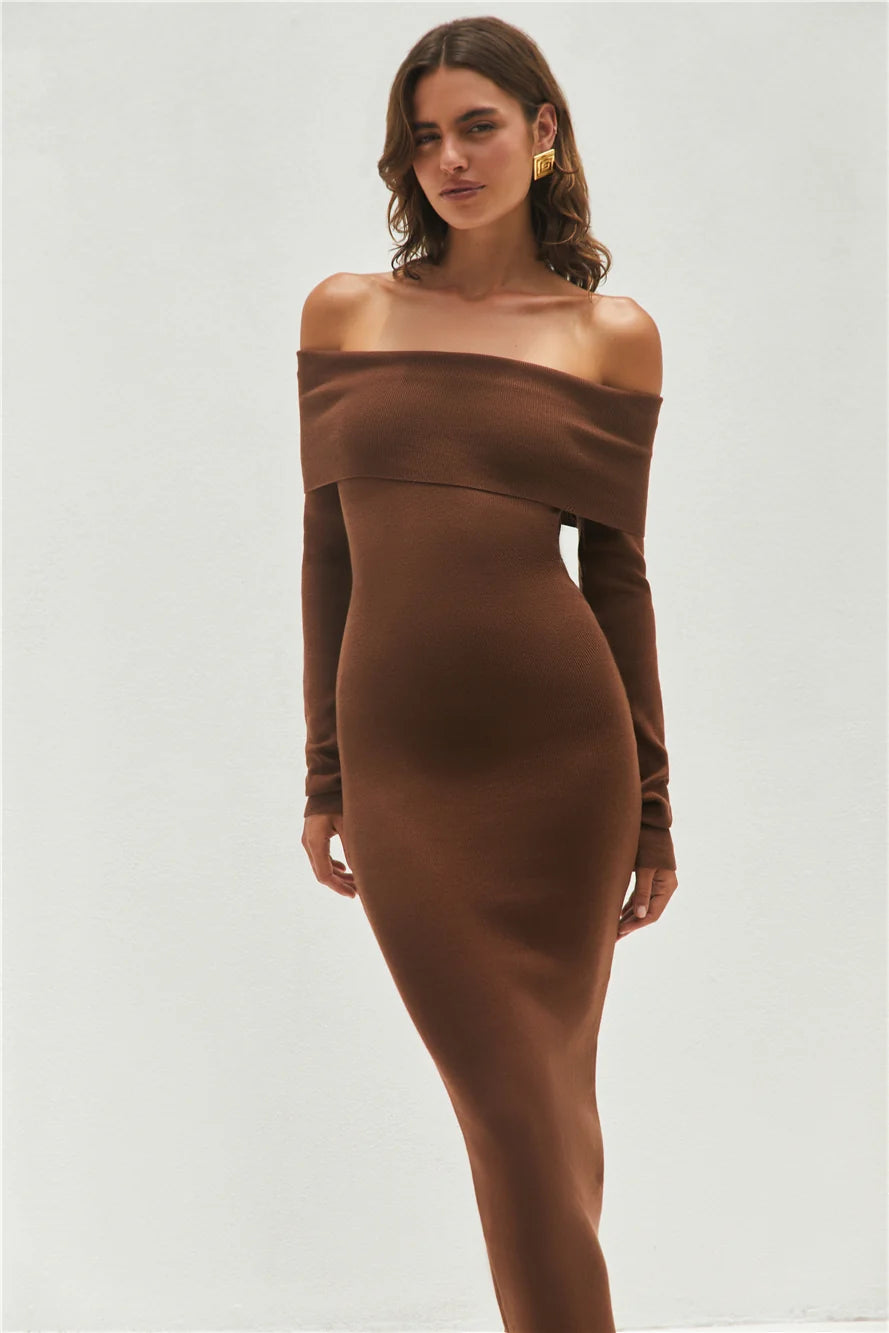 Angels Sing Off Shoulder Knit Maxi Dress Chocolate