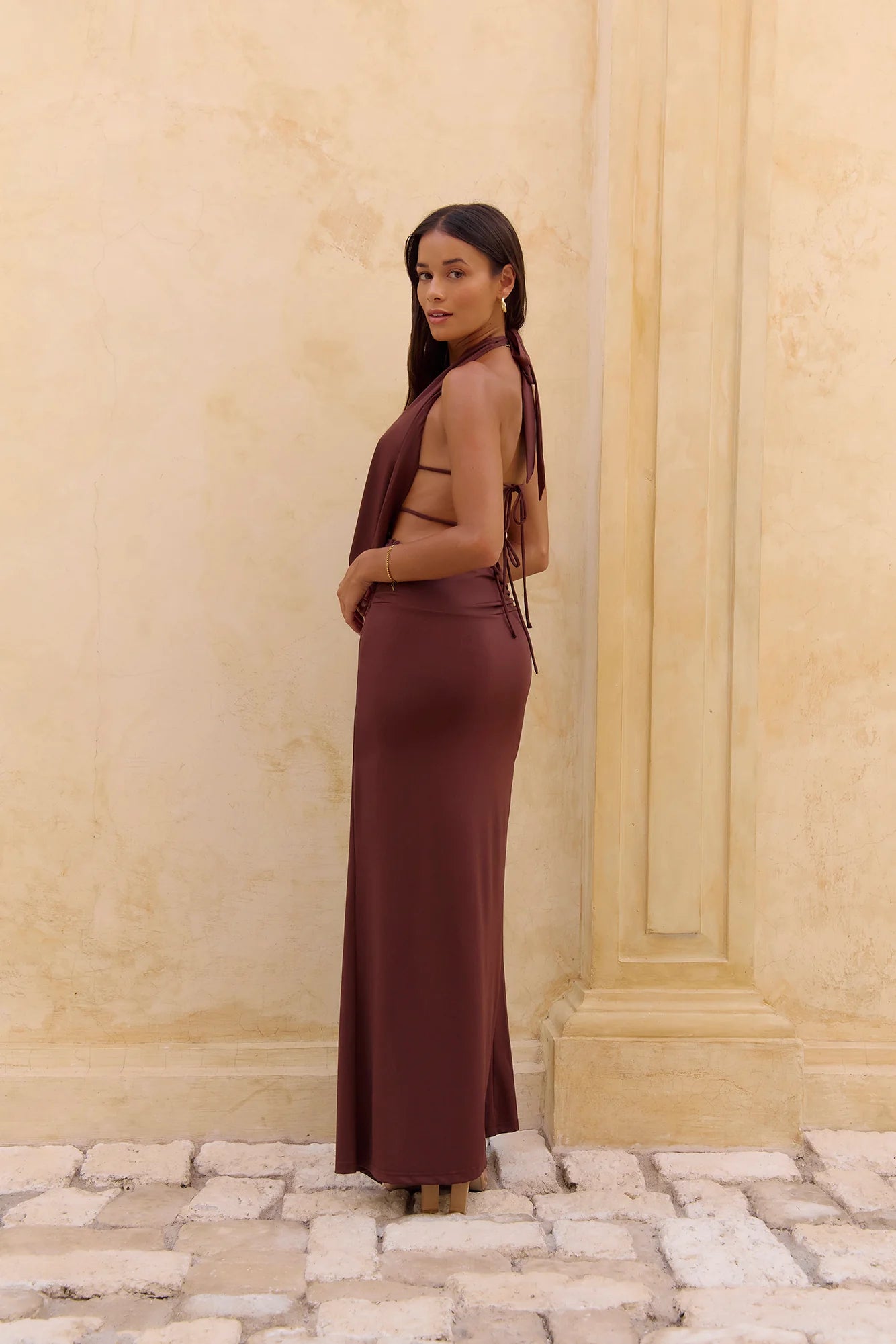 Rooftop View Halter Maxi Dress Brown