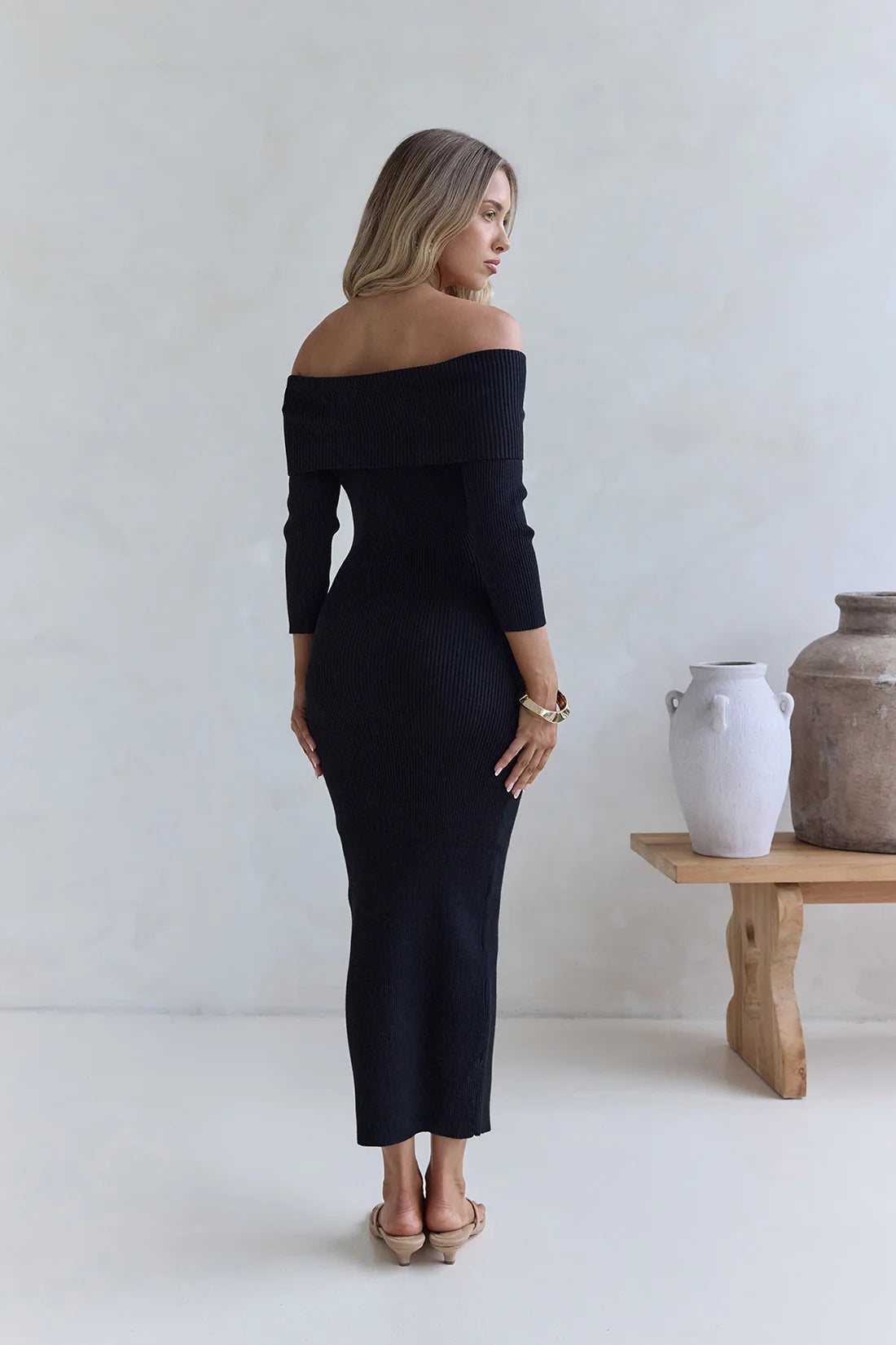 Chilled Luxe Off Shoulder Knit Maxi Dress Black