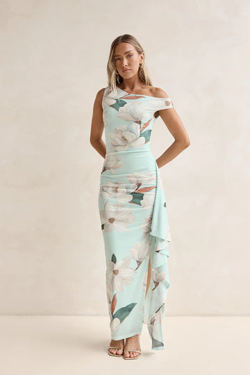Case Of Flowers Off Shoulder Mesh Maxi Dress Mint