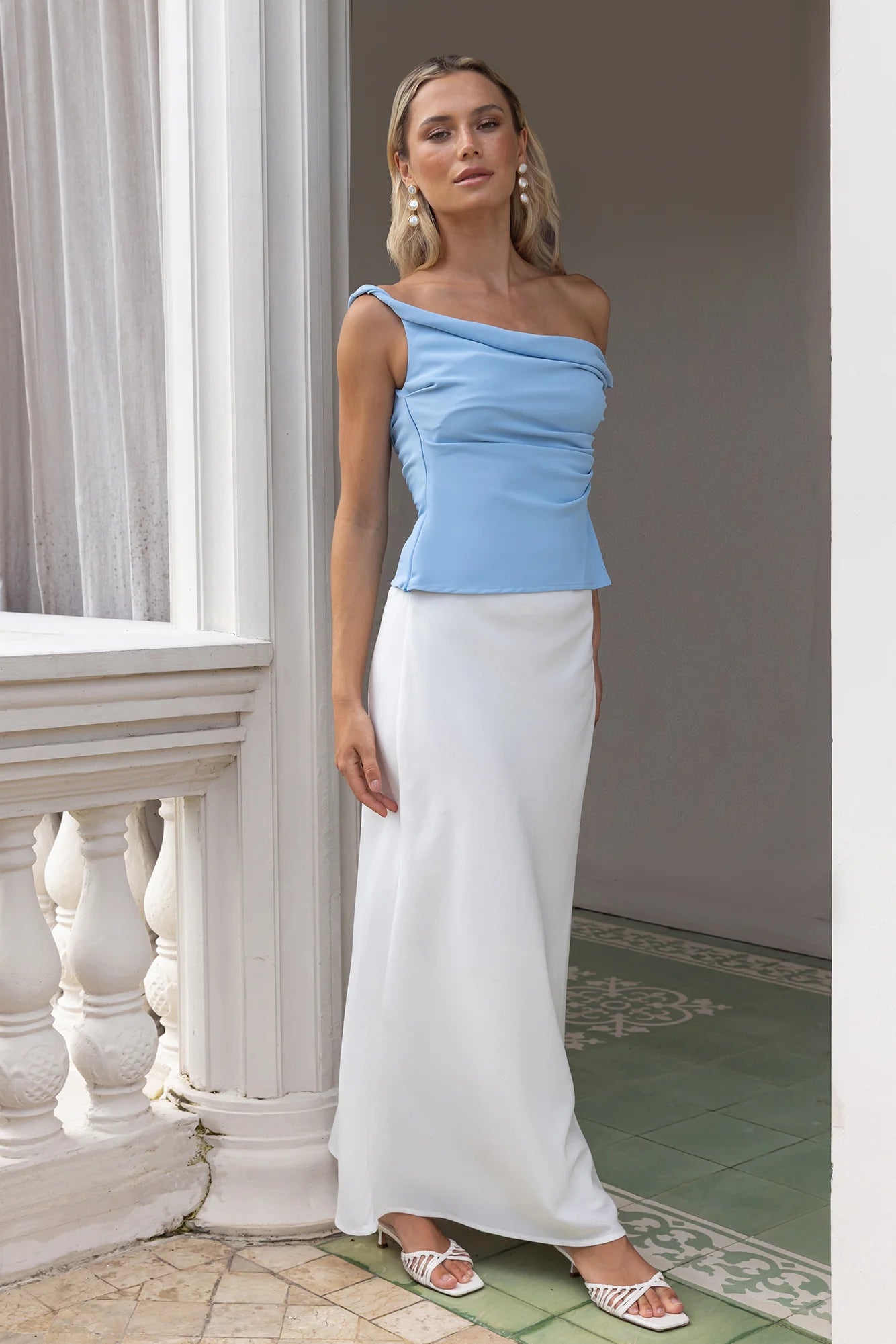Smart Casual Tailored Off Shoulder Top Blue