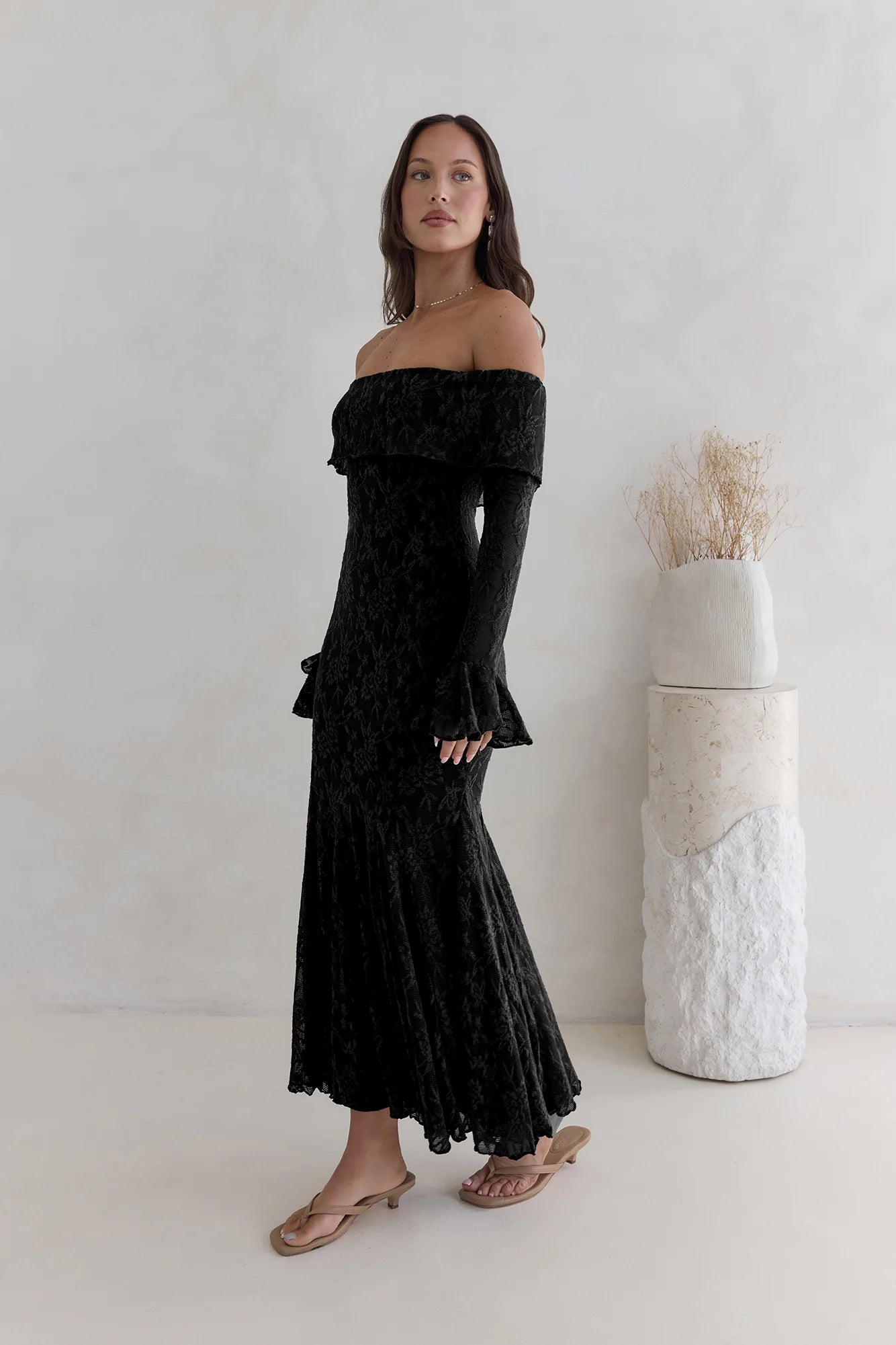 Here For Love Off Shoulder Mesh Maxi Dress Black