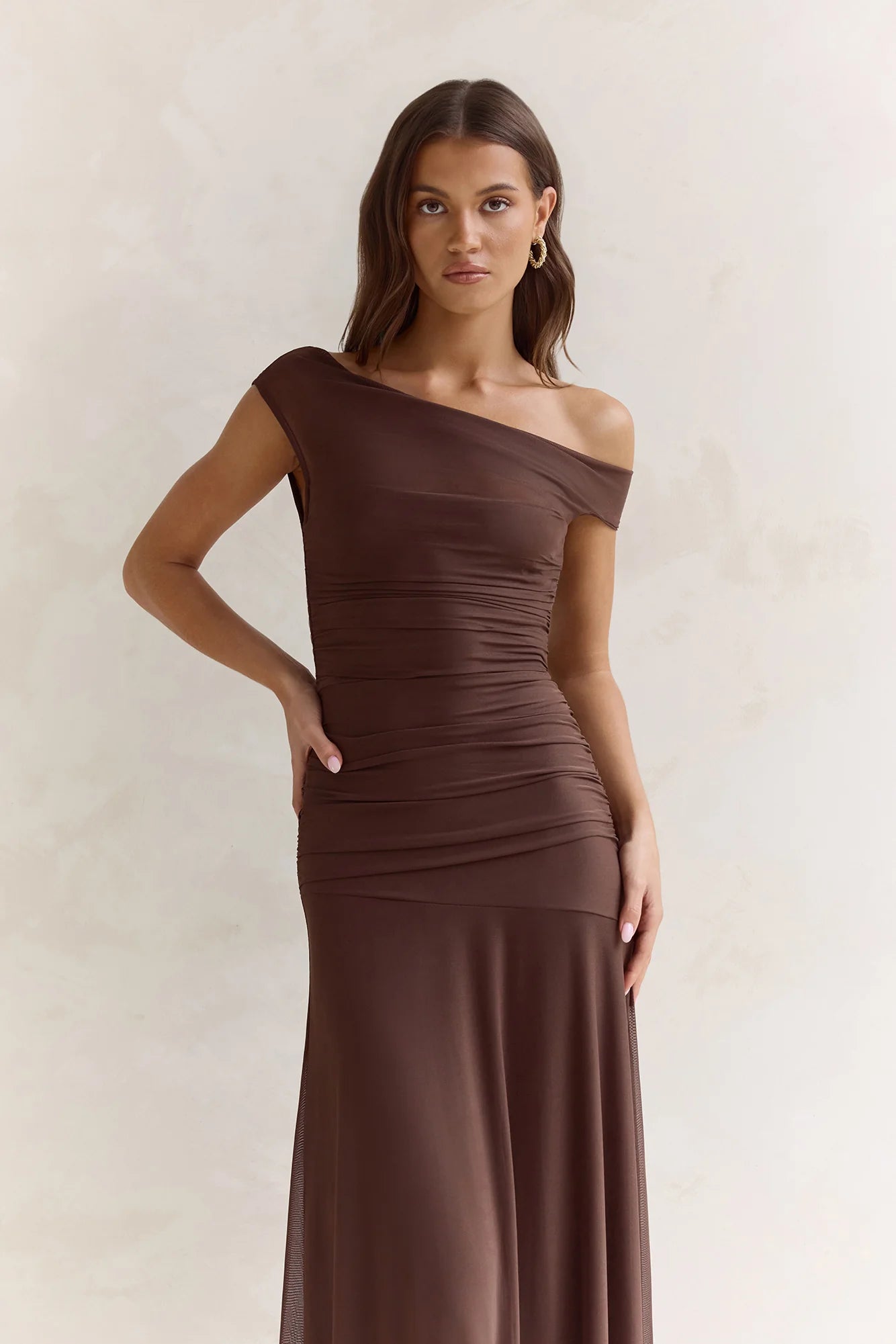 Coffee And Wine Mesh Off Shoulder Maxi Dress Brown