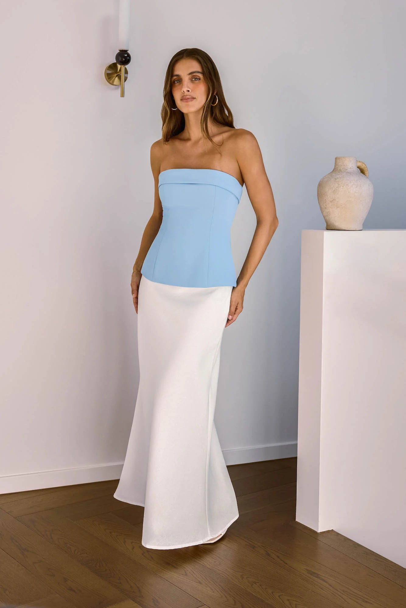 Soft Feminine Tailored Strapless Top Blue