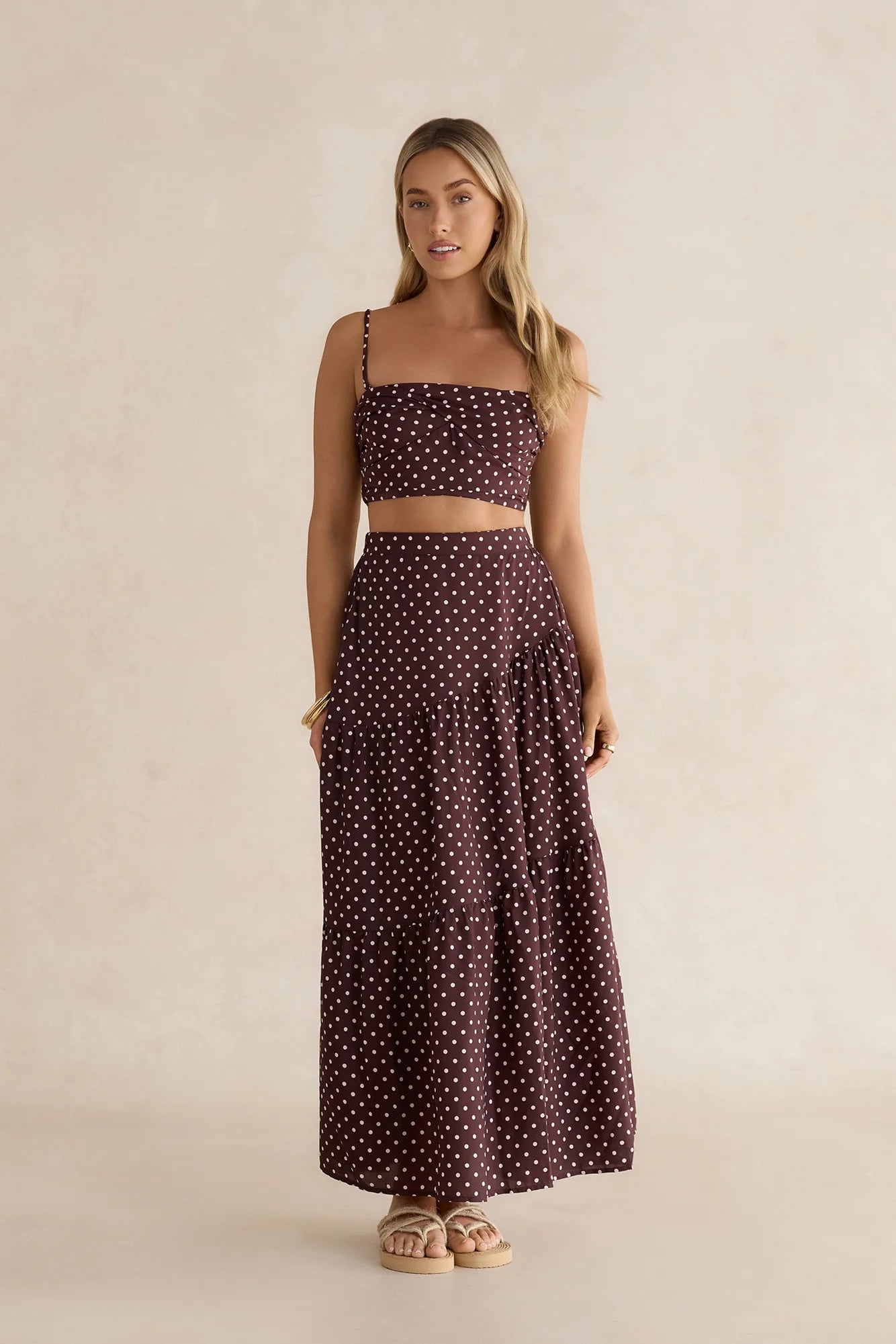 Shimmering Sands Polka Dot Maxi Skirt Brown