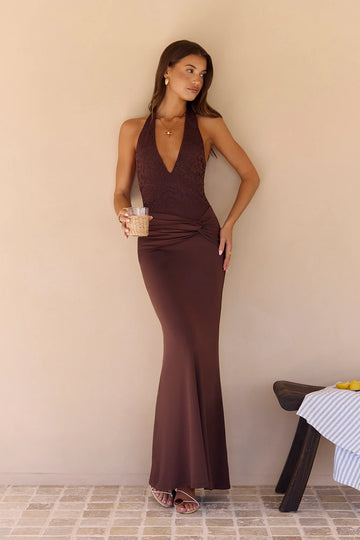 Seaside Glow Halter Maxi Dress Brown