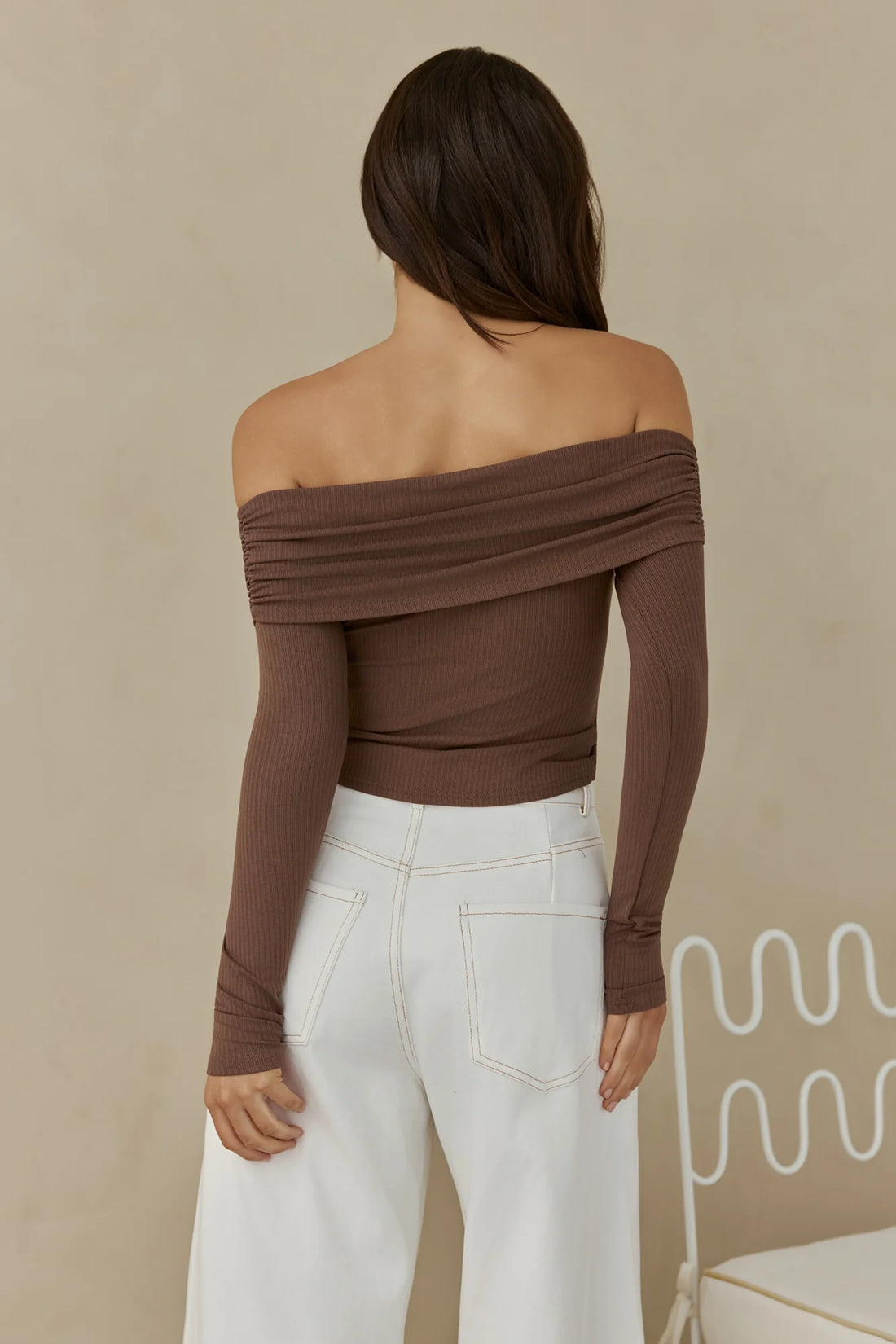 Autumn Dreamer Long Sleeve Off Shoulder Top Brown