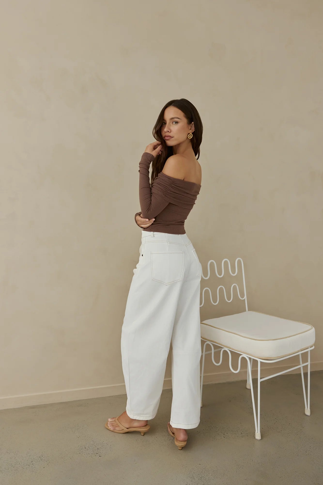 Autumn Dreamer Long Sleeve Off Shoulder Top Brown