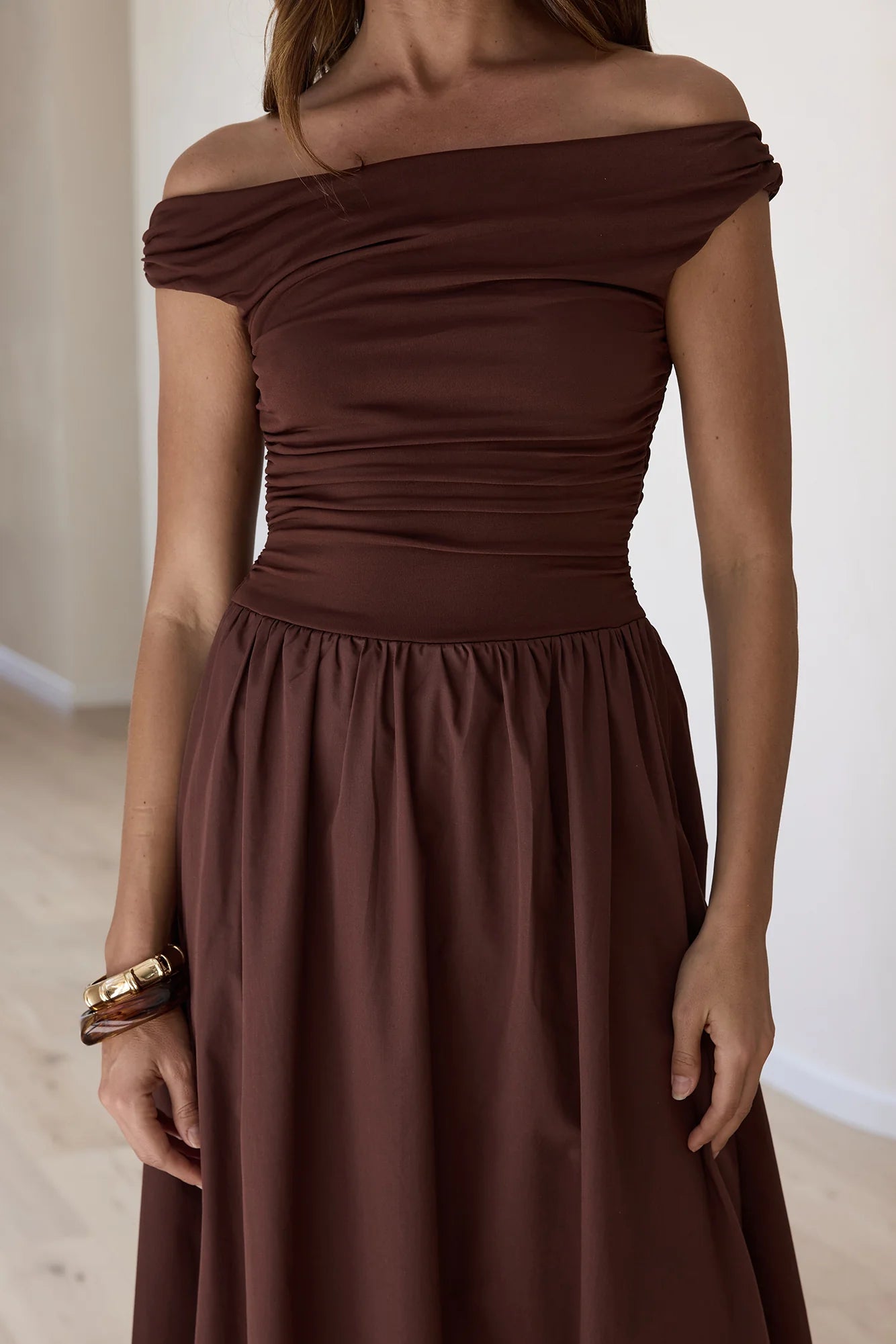 Days Of The Sun Off Shoulder Maxi Dress Chocolate
