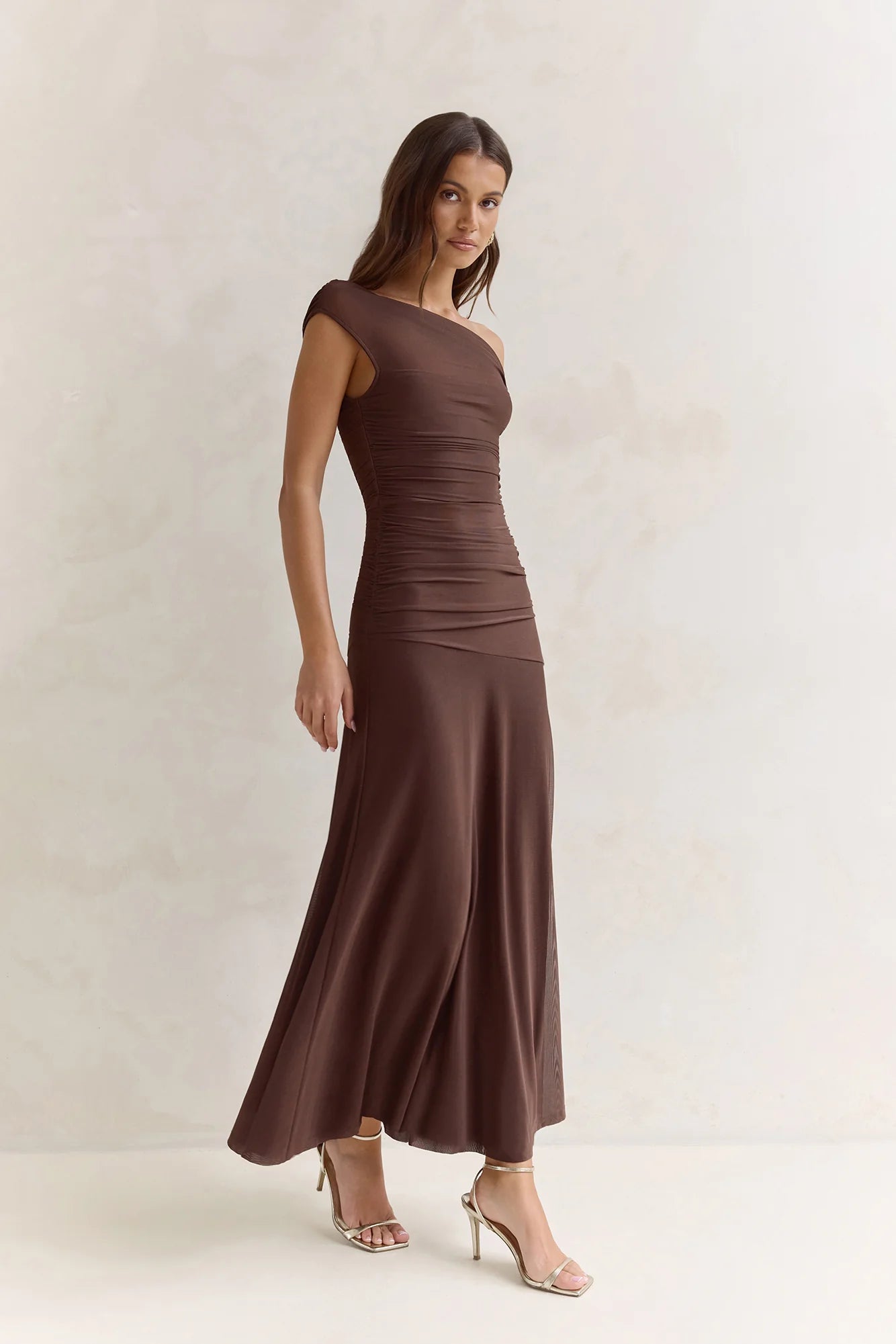 Coffee And Wine Mesh Off Shoulder Maxi Dress Brown
