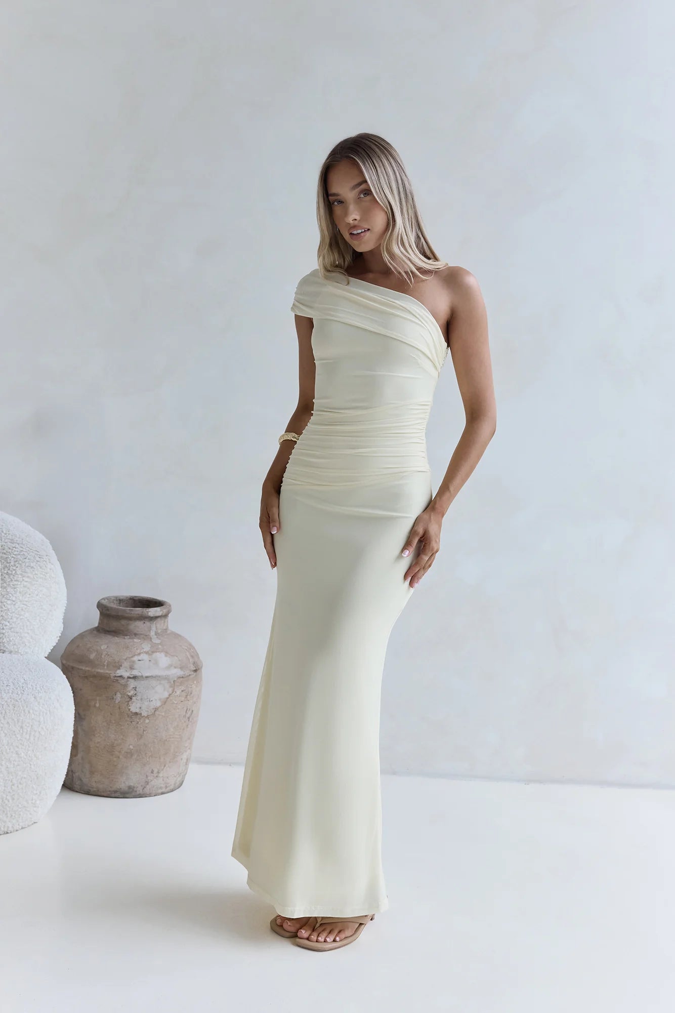 Kiss The Moon One Shoulder Mesh Maxi Dress Lemon