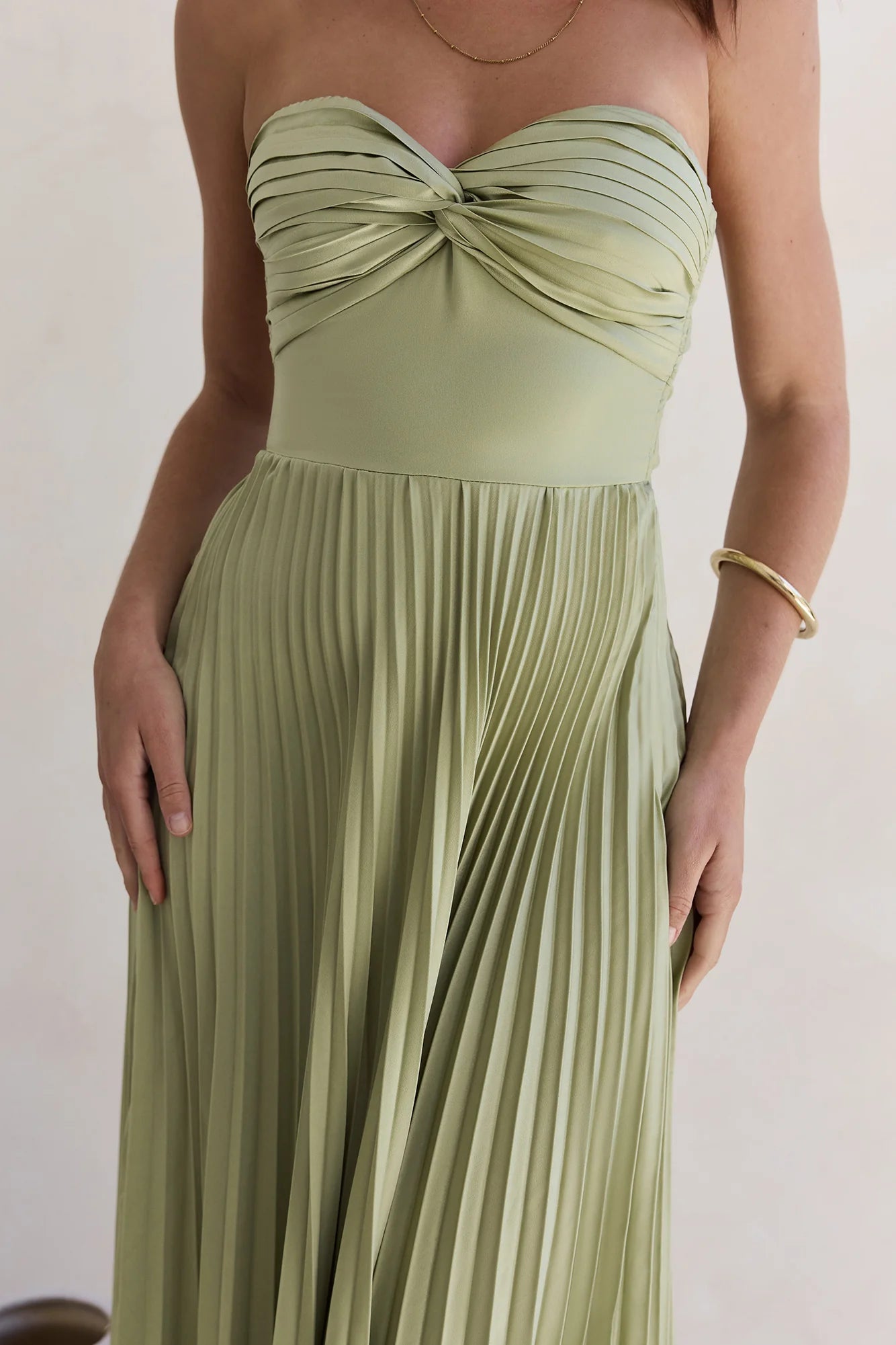 Decades Ago Plisse Strapless Maxi Dress Green