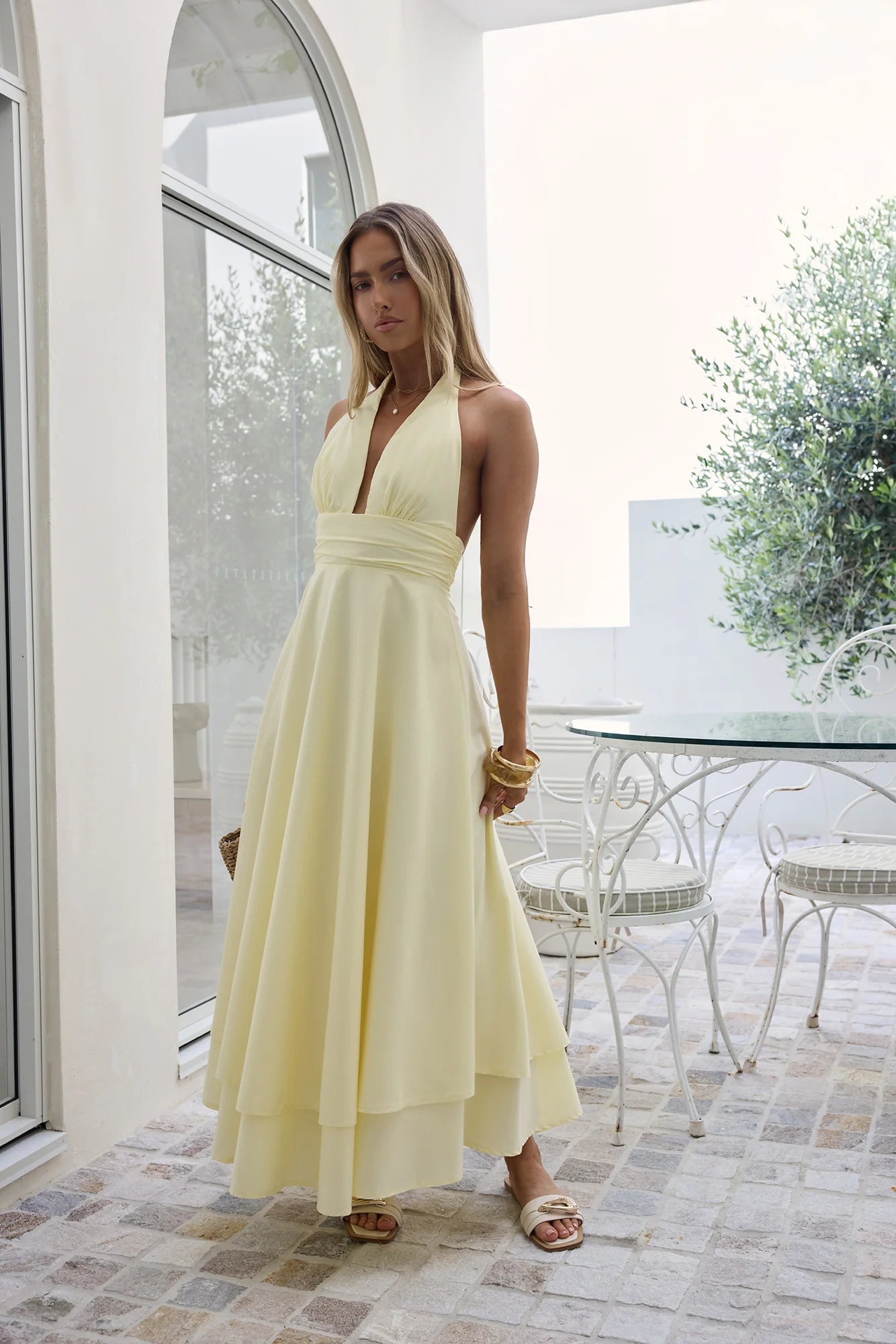 Spring Blossoms Halter Maxi Dress Lemon