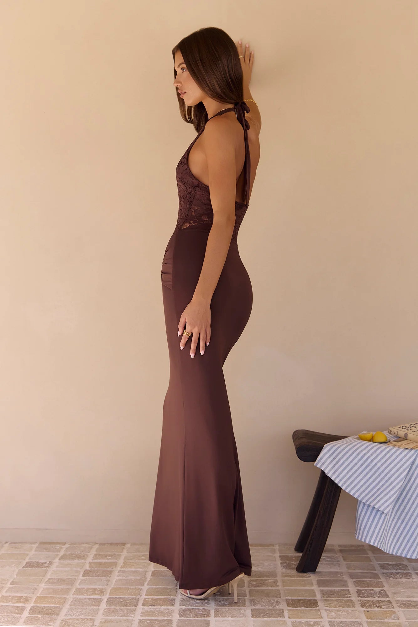 Seaside Glow Halter Maxi Dress Brown