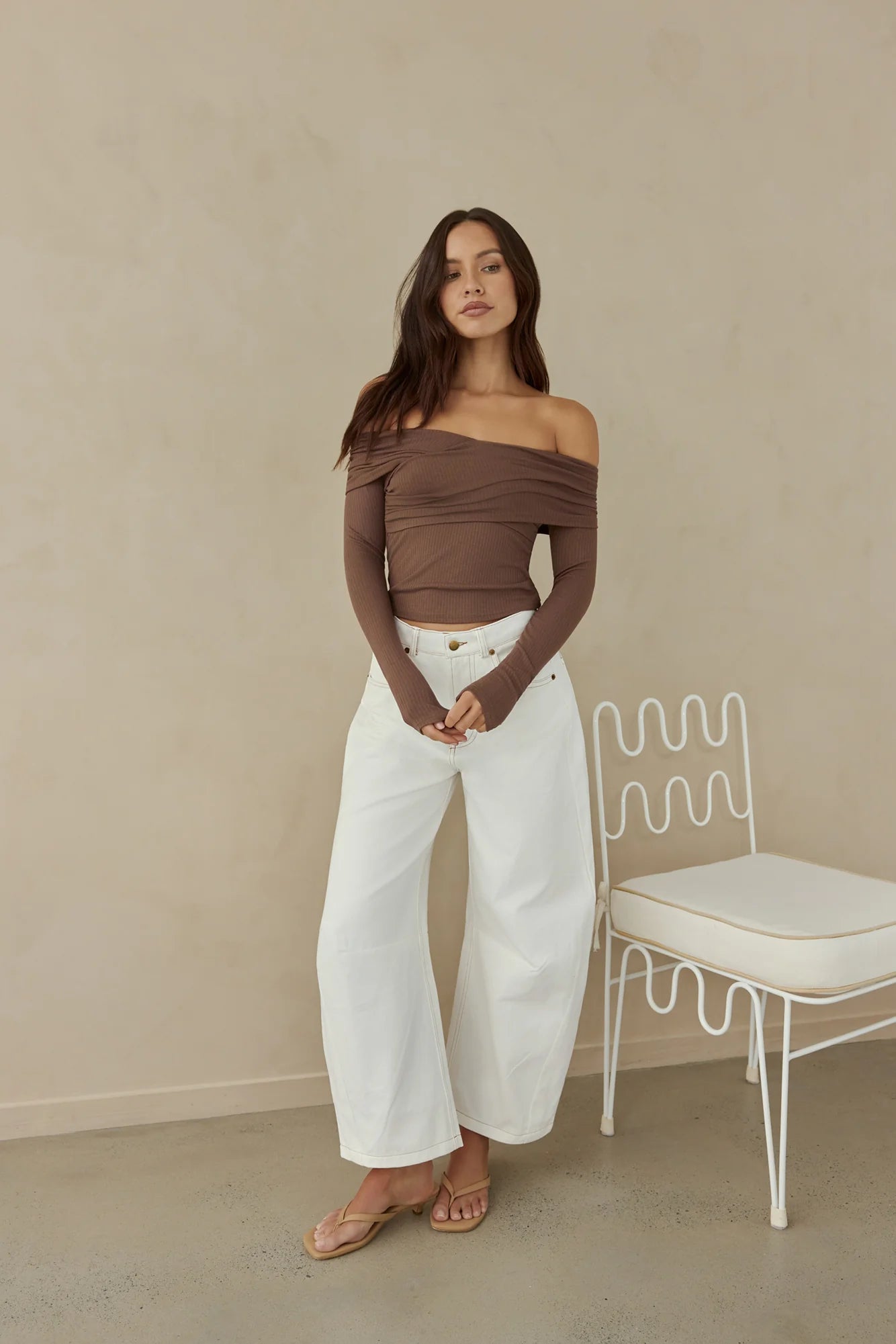 Autumn Dreamer Long Sleeve Off Shoulder Top Brown