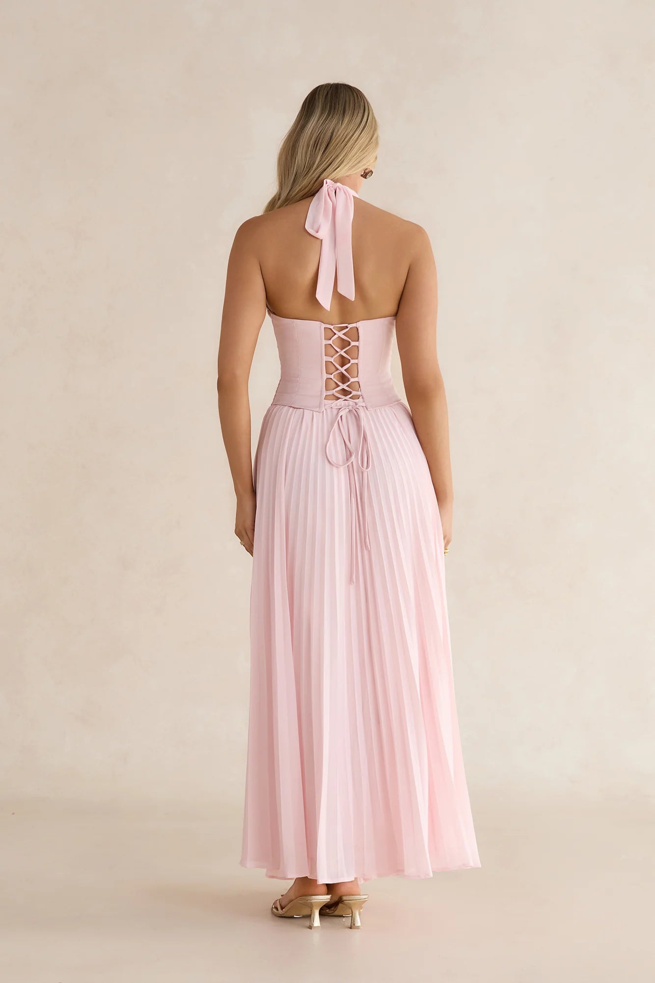 Paradise Falls Plisse Halter Maxi Dress Light Pink