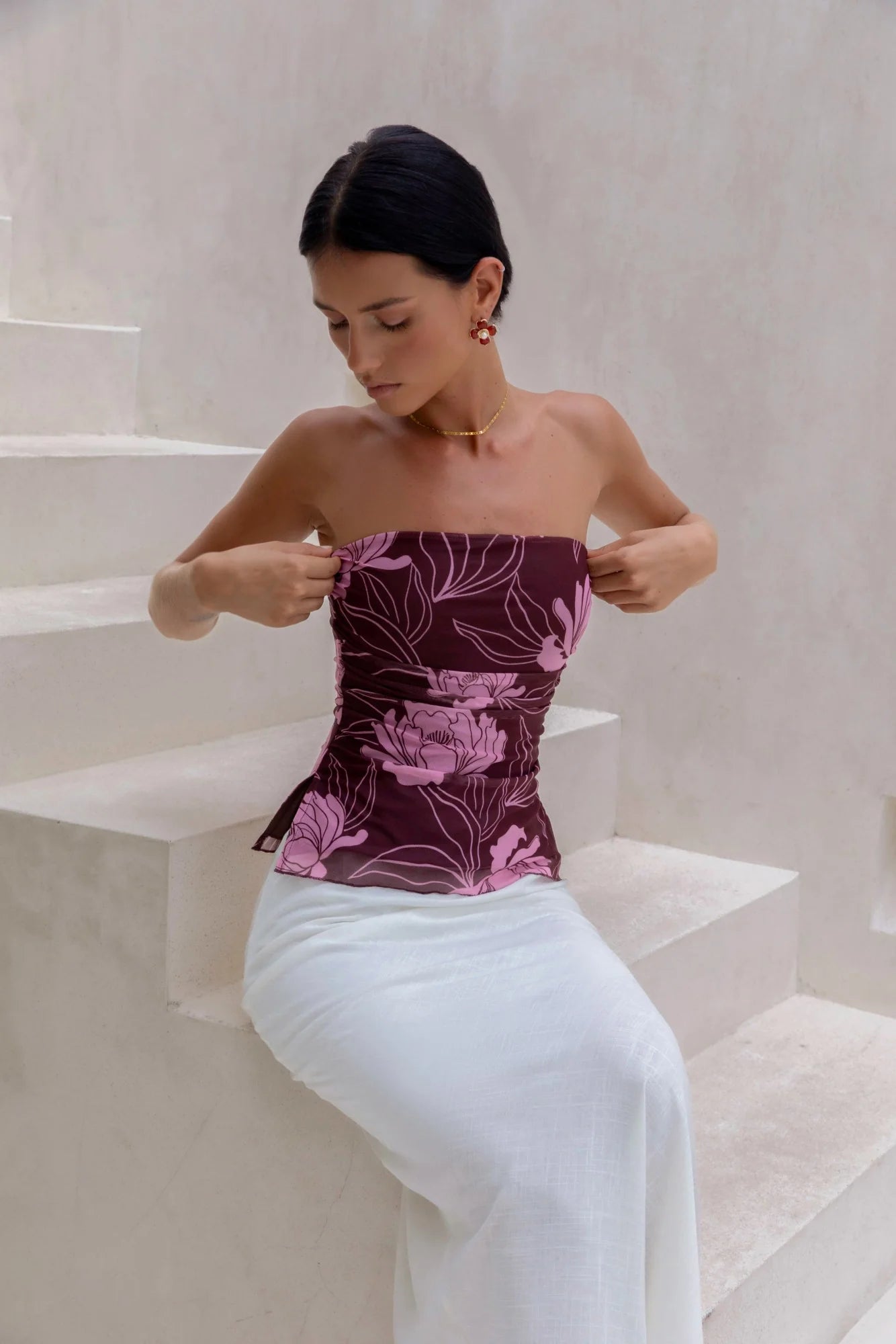 Sunset Blooms Strapless Top Plum