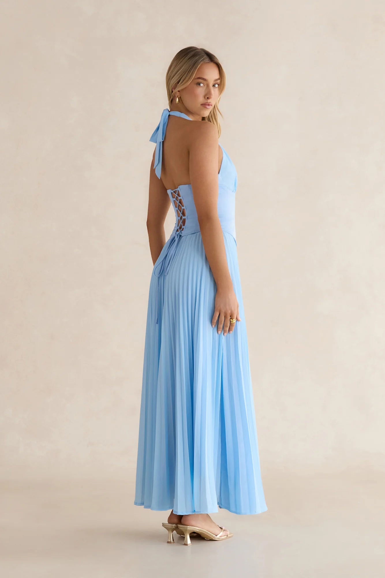 Paradise Falls Plisse Halter Maxi Dress Light Blue
