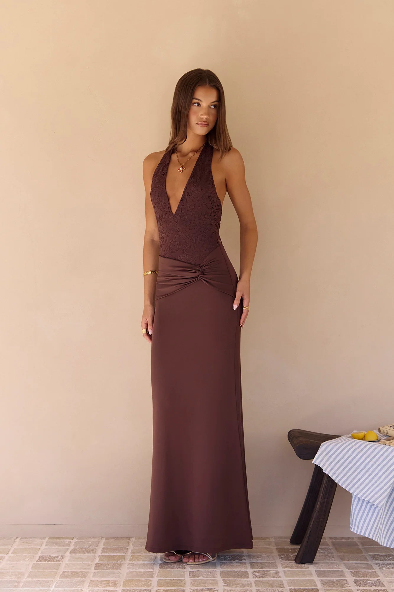 Seaside Glow Halter Maxi Dress Brown