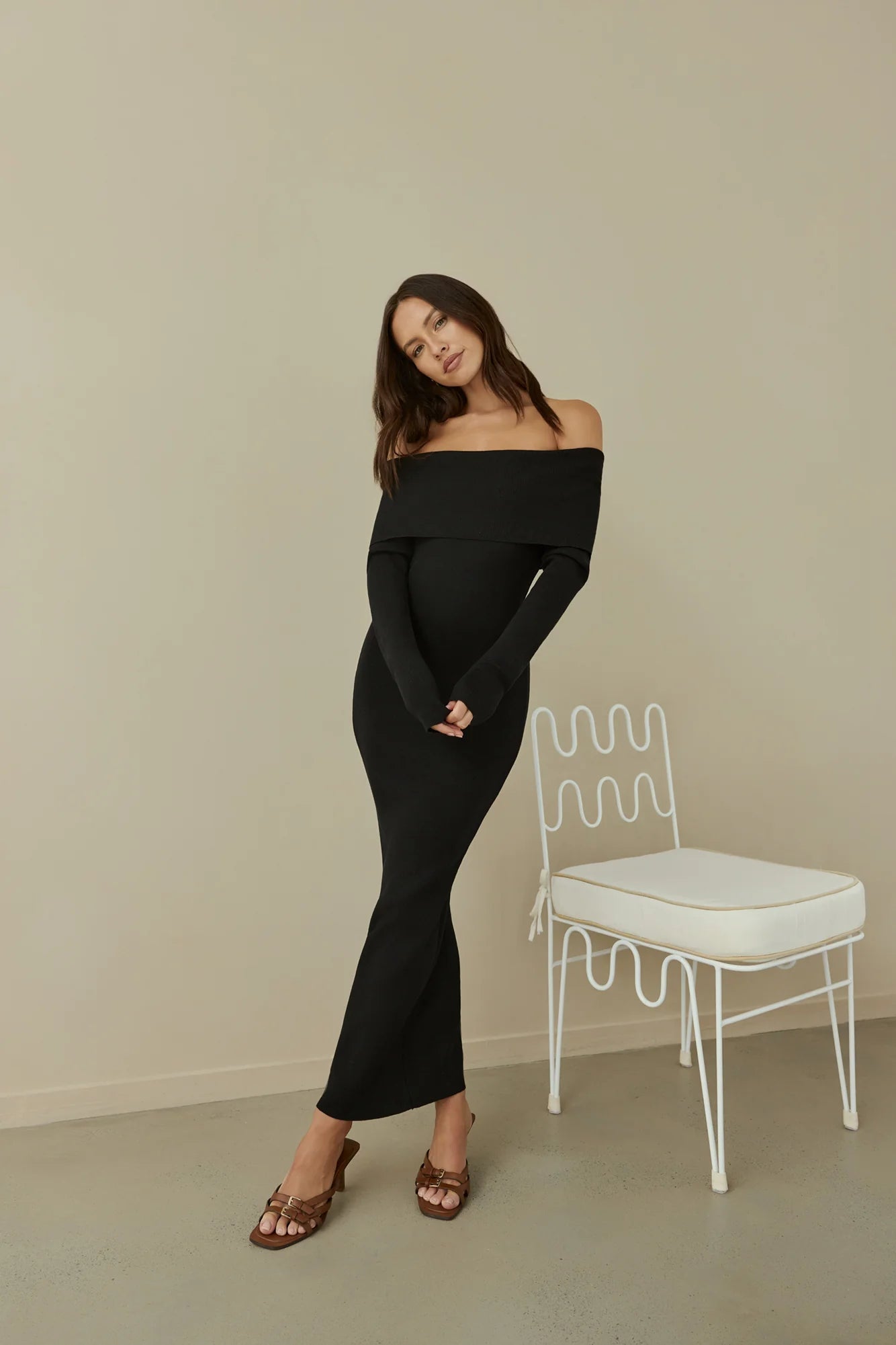 Angels Sing Off Shoulder Knit Maxi Dress Black