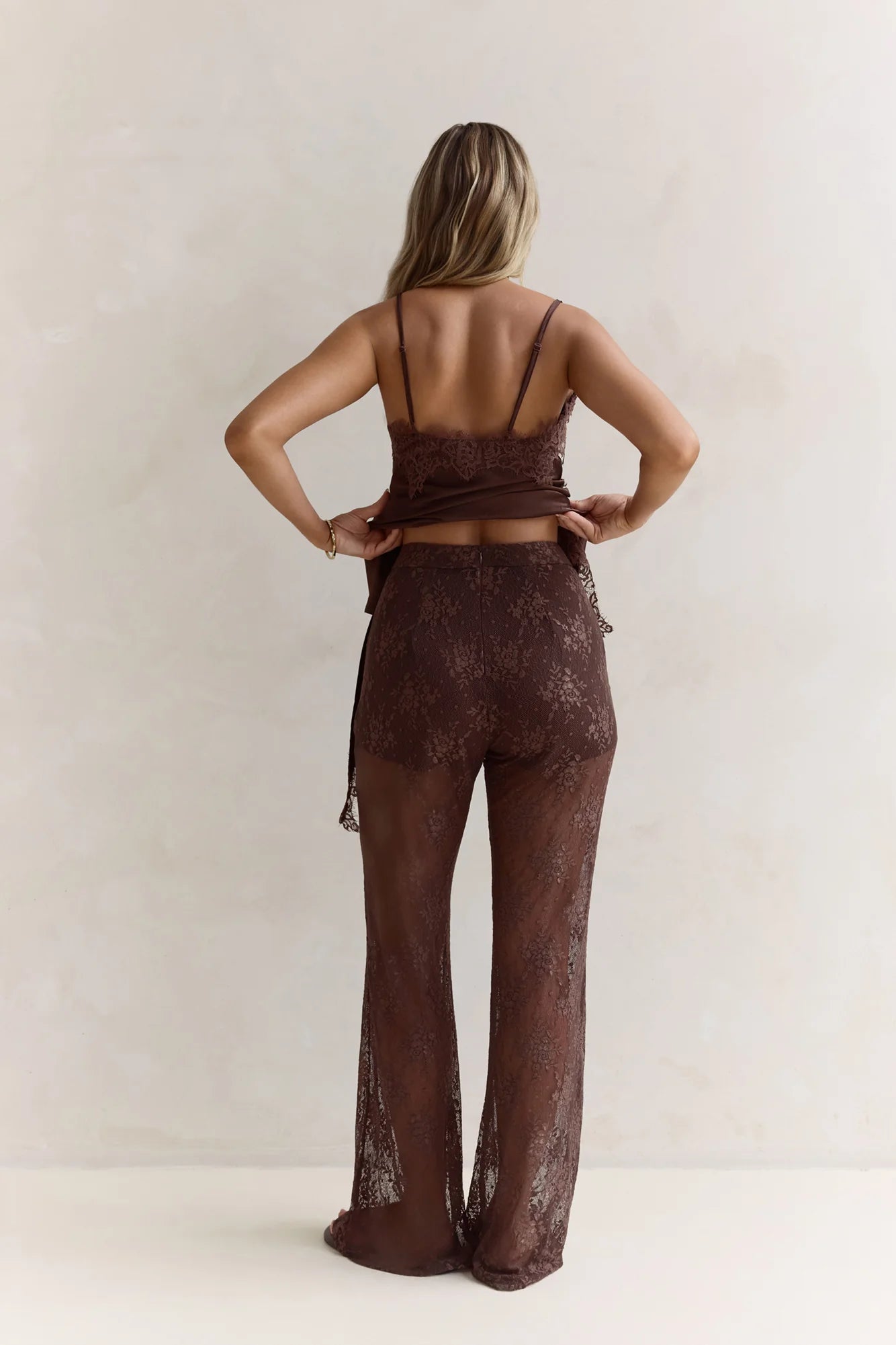 Evening Foreshore Lace Satin Set Brown
