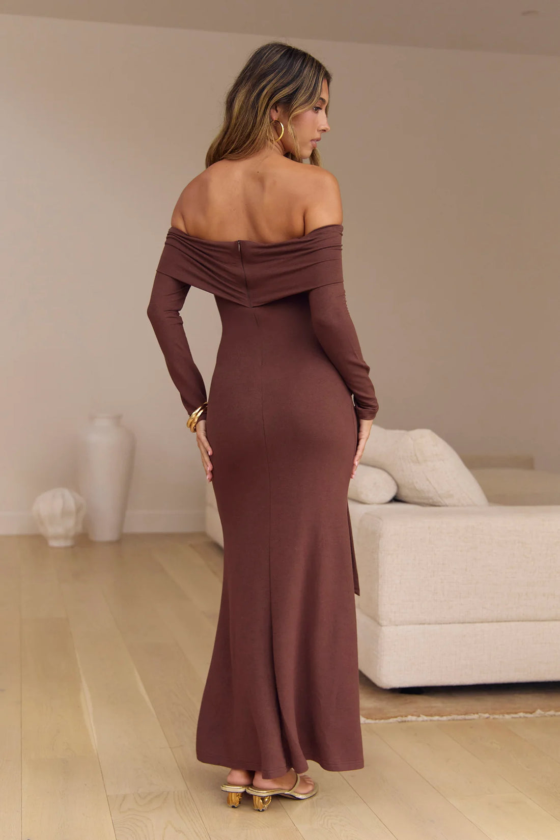 The Getaway Edit Off Shoulder Maxi Dress Chocolate