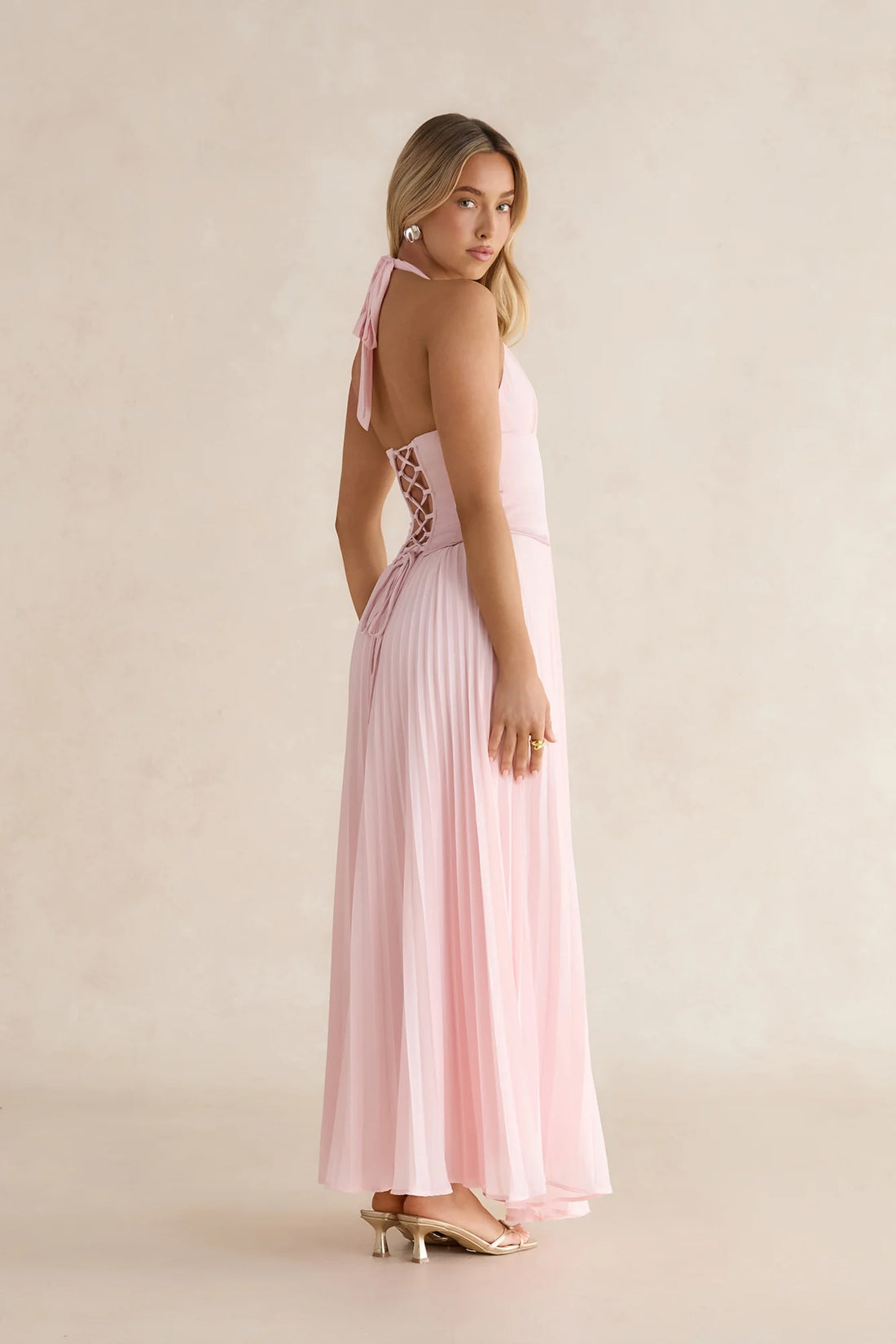 Paradise Falls Plisse Halter Maxi Dress Light Pink