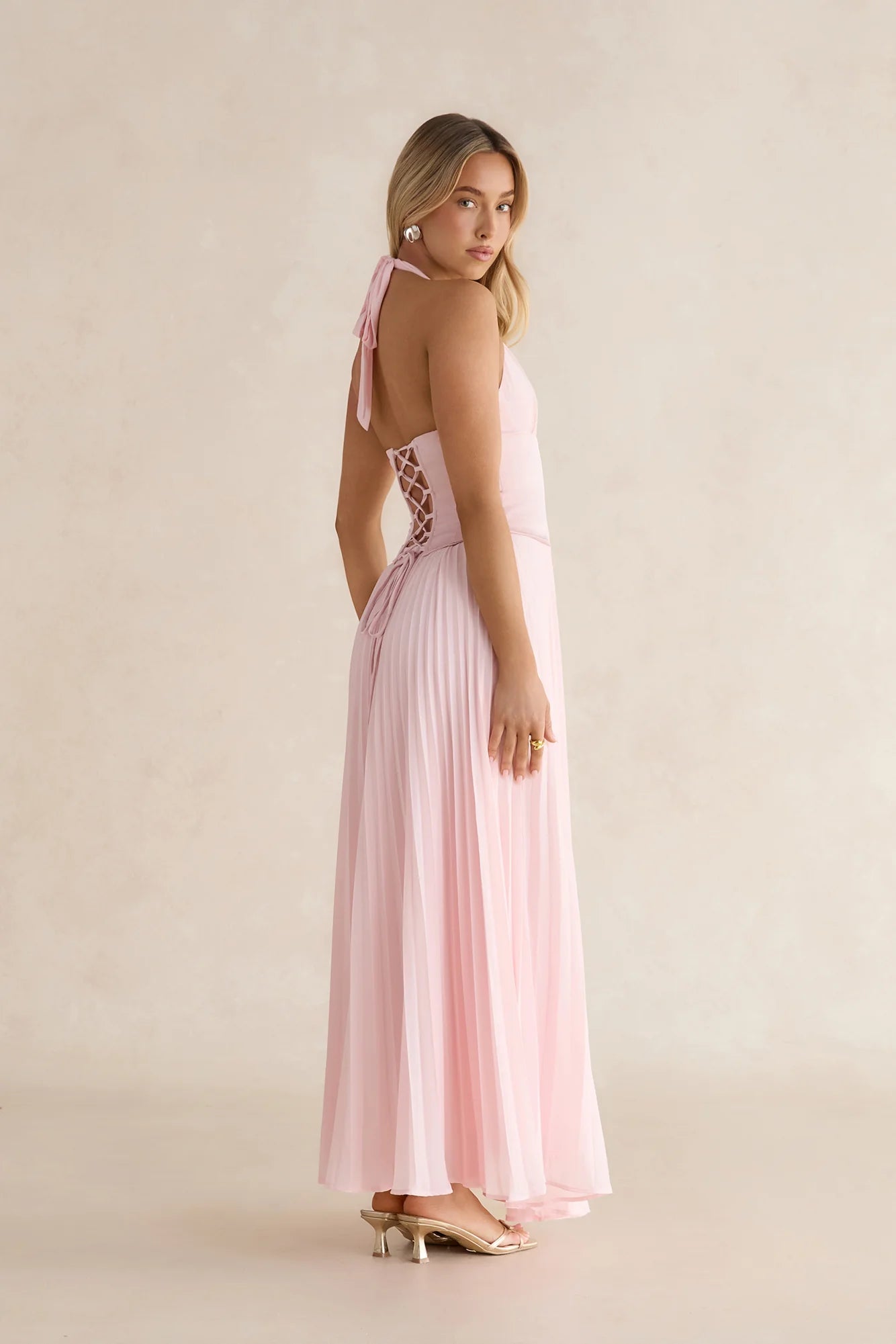 Paradise Falls Plisse Halter Maxi Dress Light Pink