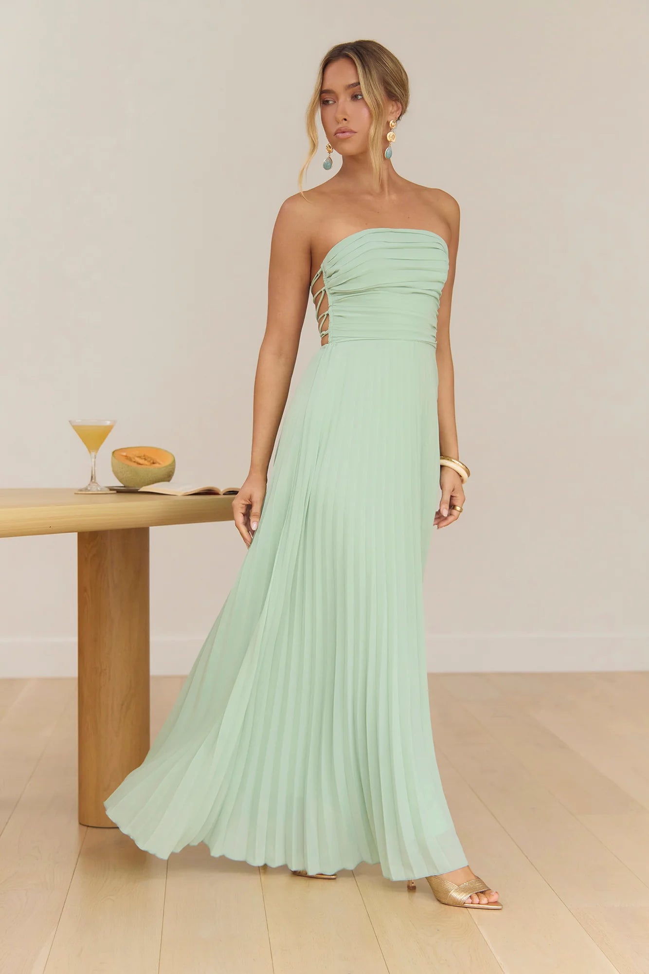 Rosewater Roads Strapless Maxi Dress Sage