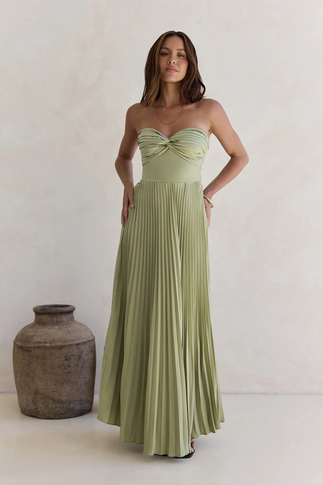 Decades Ago Plisse Strapless Maxi Dress Green