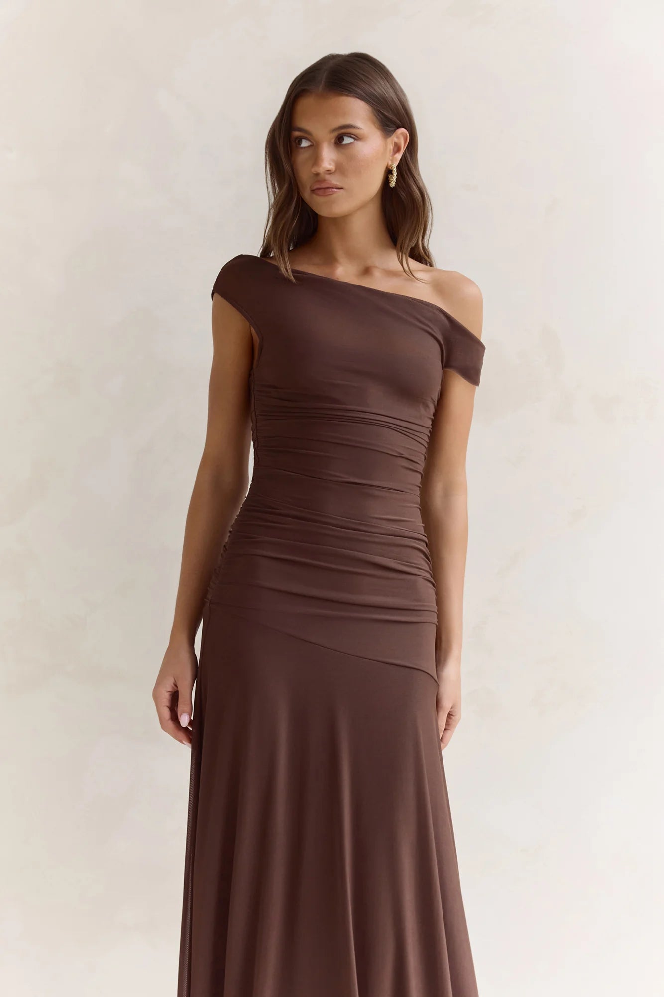 Coffee And Wine Mesh Off Shoulder Maxi Dress Brown