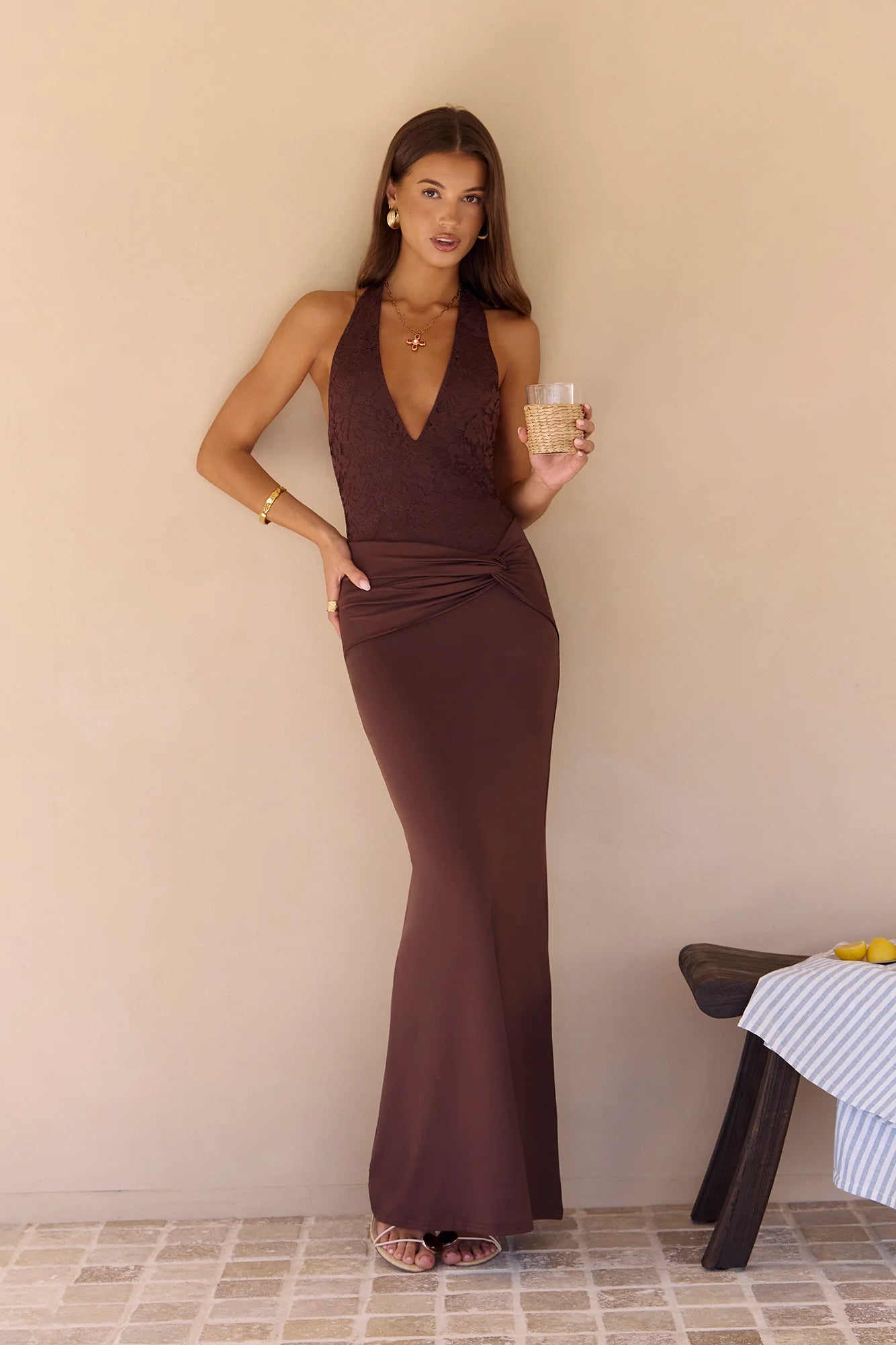 Seaside Glow Halter Maxi Dress Brown