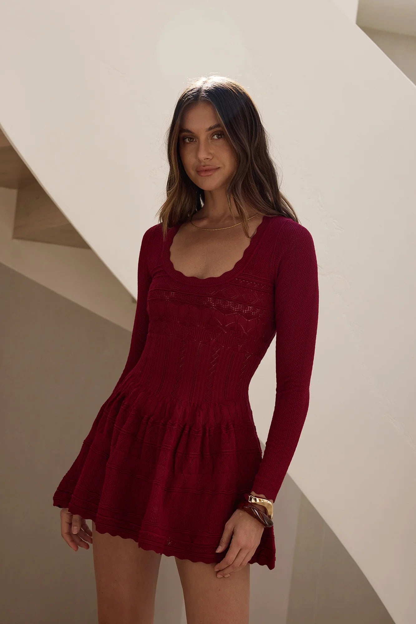 Pretty Portrait Long Sleeve Mini Dress Wine