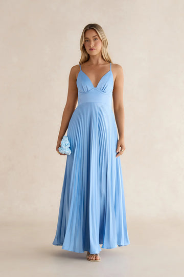Ray Of Sunlight Plisse Satin Maxi Dress Blue