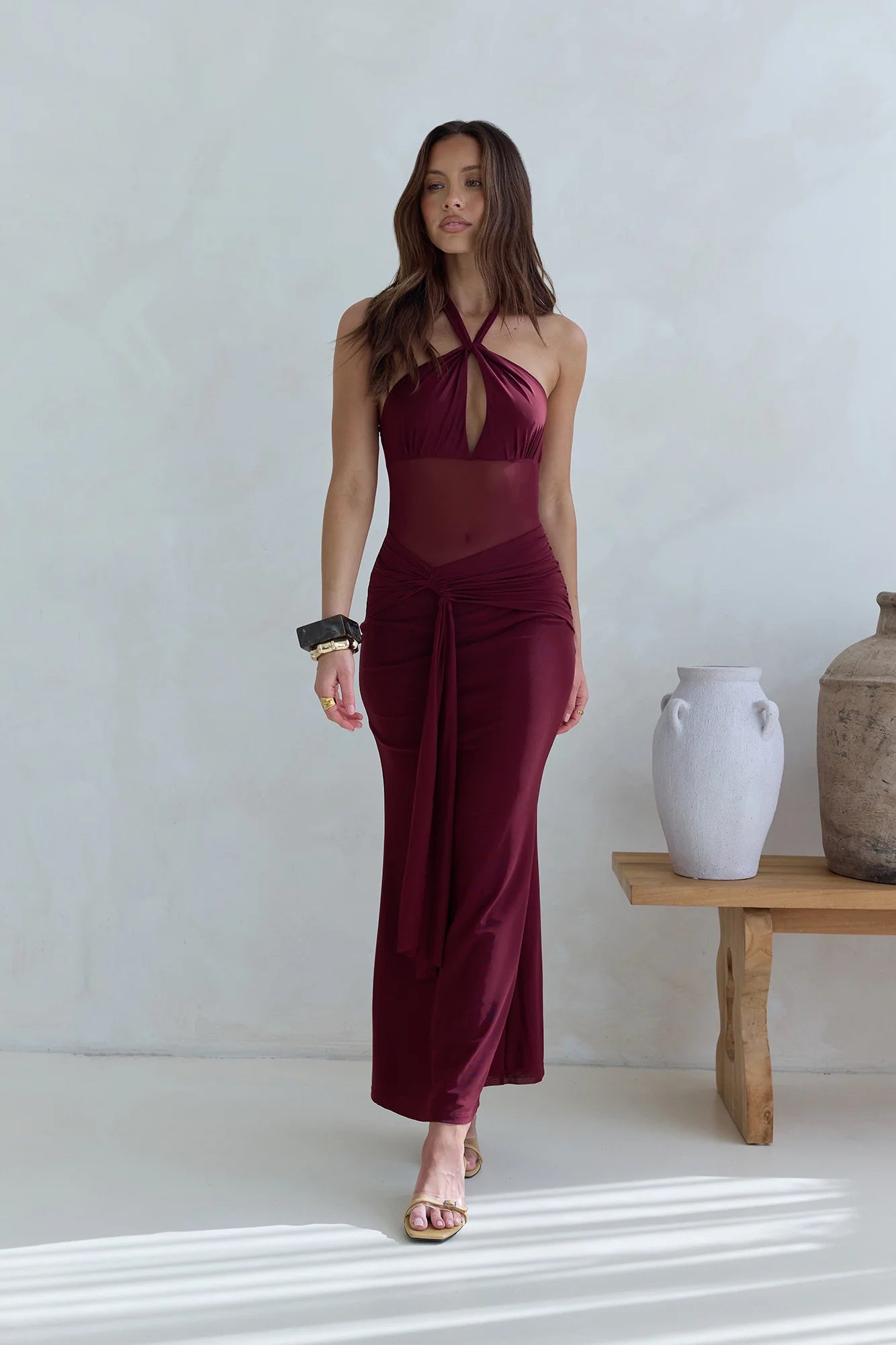 Taste Of Luxe Halter Mesh Maxi Dress Burgundy