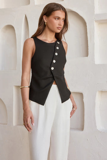Sunset Drinks Linen Vest Top Black