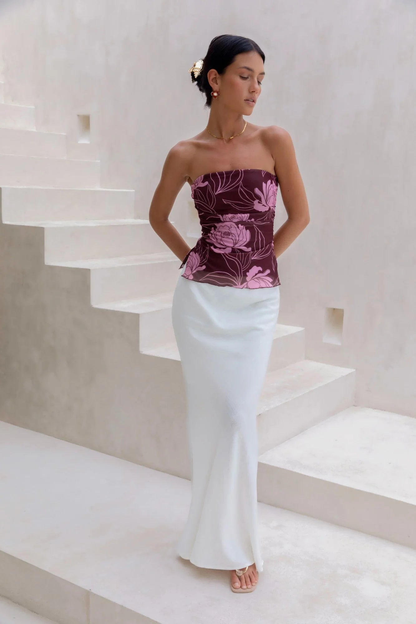 Sunset Blooms Strapless Top Plum